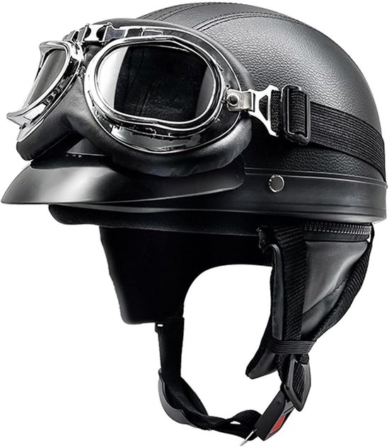 Half-motorfietshelm Retro Duitse handgemaakte lederen halfgezicht snelsluiting en bril - ECE/DOT goedgekeurde vintage open helm motor jethelmen voor cruiser-scooter