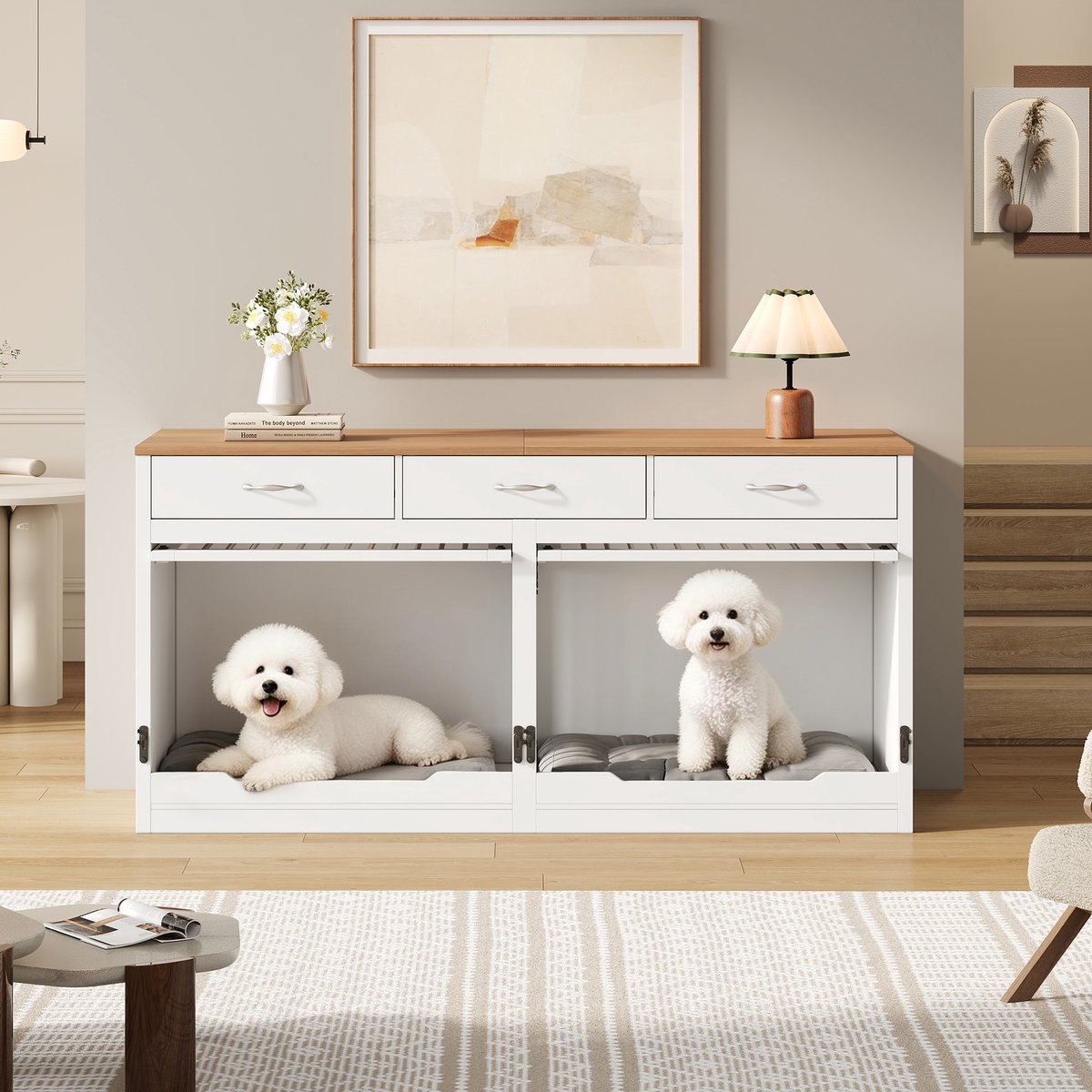Hondenbench van hout en metaal – Geschikt voor twee honden (inclusief uitneembare scheidingswand) – Met 3 lades – Wit met houtnerf – 164 x 60 x 81 cm