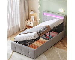 HAUSS SPOLE Gestoffeerd Kinderbed 90×200 cm – Met LED En Opbergruimte – Verstelbaar Hoofdbord – Zonder Matras – Grijs