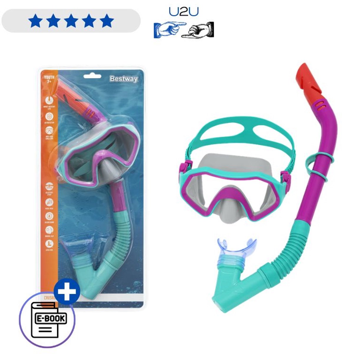Bestway Duikset 24025 Paars - Snorkelset Met Duikmasker En Snorkelbuis Voor Kinderen Vanaf 7 Jaar - Zwembril Met UV Bescherming En Comfortabele Pasvorm Voor Vakantie Met Ebook