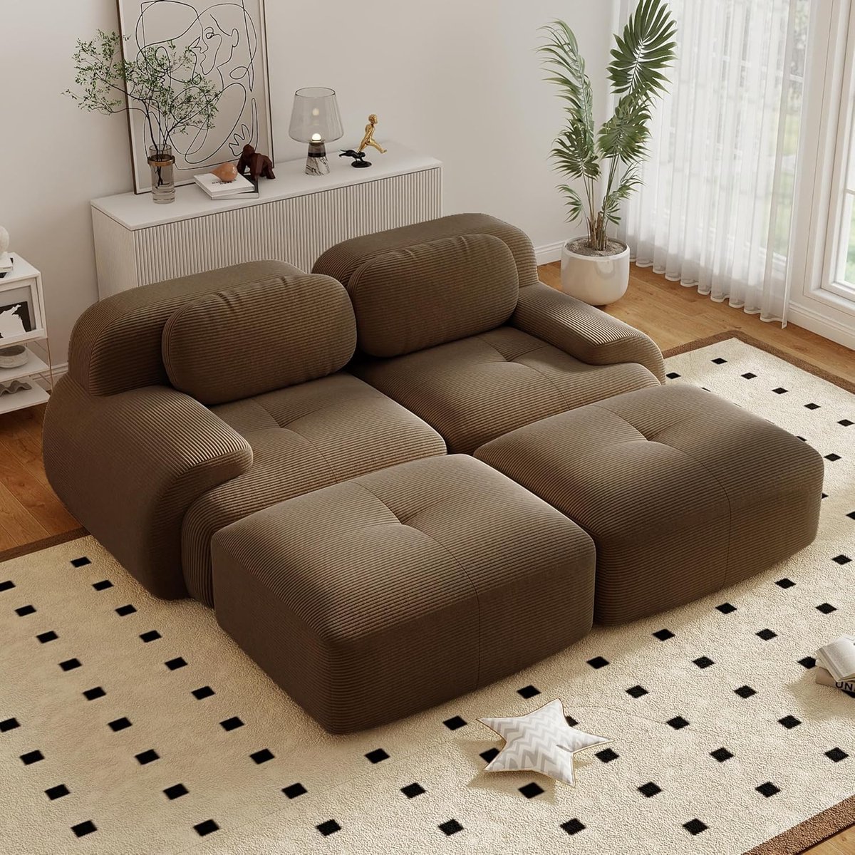 Zubaliya Converteerbare Hoekbank met Voetenbank, Moderne 208 cm Brede, U-vormige Modulaire Corduroy Bank, Compacte Bank voor 2-4 Personen voor de Woonkamer, Extra Diepe Zitting, Geen Montage Nodig-Brown