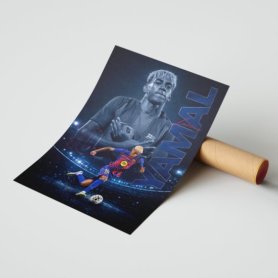 Affiche du footballeur Lamine Yamal, avec le grand texte 'YAMAL'. Signé.