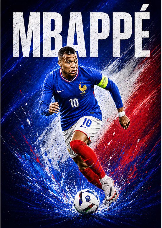 Mbappé en maillot bleu numéro 10, short blanc, chaussettes rouges, dribblant avec un ballon. Arrière-plan avec des éclaboussures de peinture rouge et bleue.