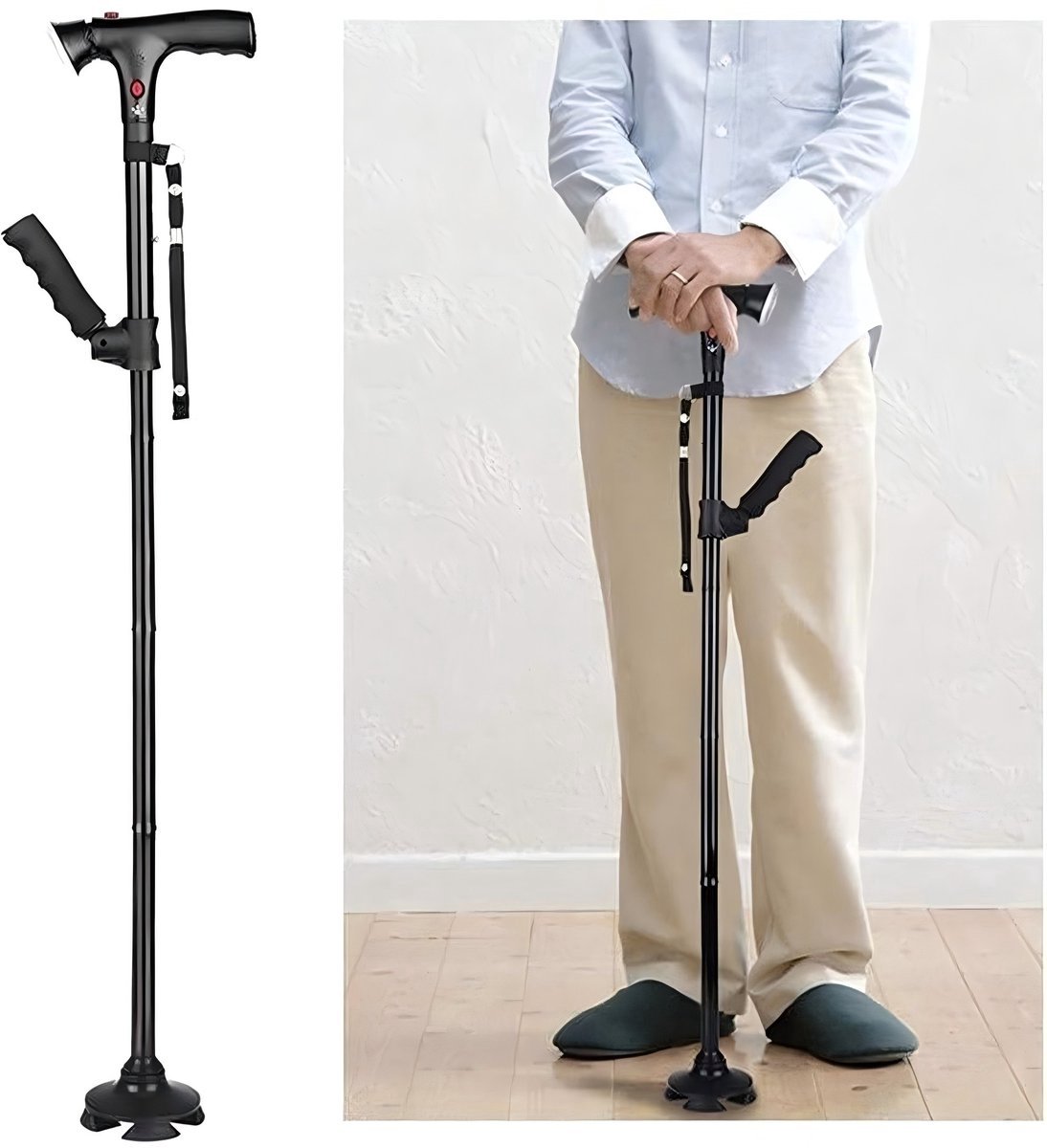 Antislip, verstelbare en inklapbare wandelstok — Opvouwbaar en telescopisch, met LED-verlichting — Aluminiumlegering — Model met vierpootbasis