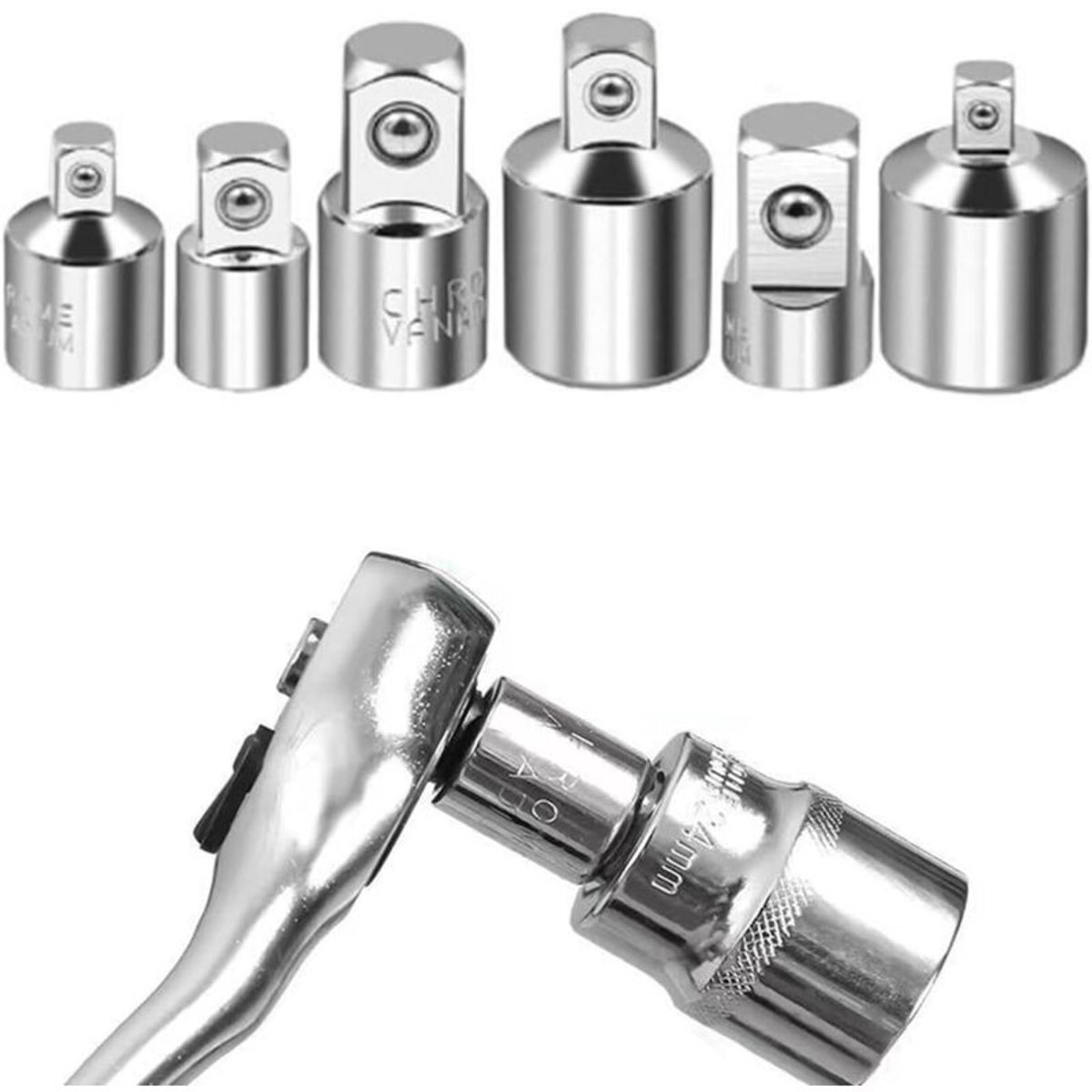 Hulsadapters, 6-delige rateladapterset, 1/4" naar 3/8", 3/8" naar 1/4", 3/8" naar 1/2", 1/2" naar 3/8", 1/2" naar 1/4", 1/4" naar 1/2", bitwisselaaradapters
