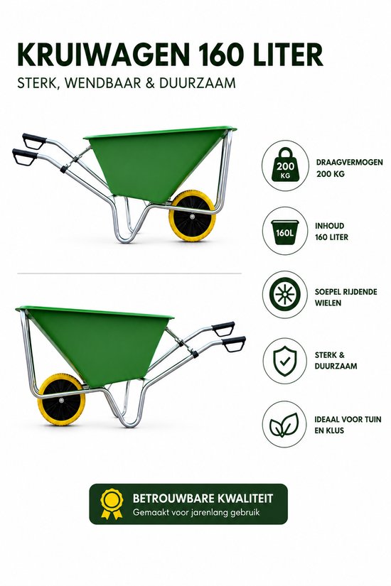 JMC Kruiwagen 160 Liter Poly Met Verzinkt Onderstel en Anti-Lek Band van JMC — afbeelding 2