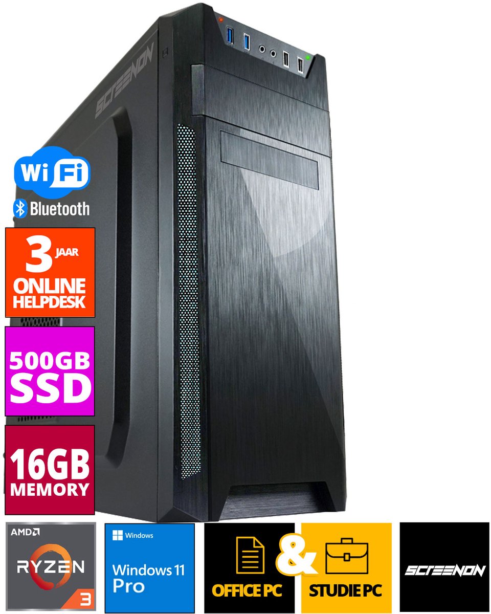 Budget Office PC - Ryzen 3 - 500GB SSD - 16GB RAM - Radeon Vega 8 - Windows 11 Pro + WiFi & Bluetooth
