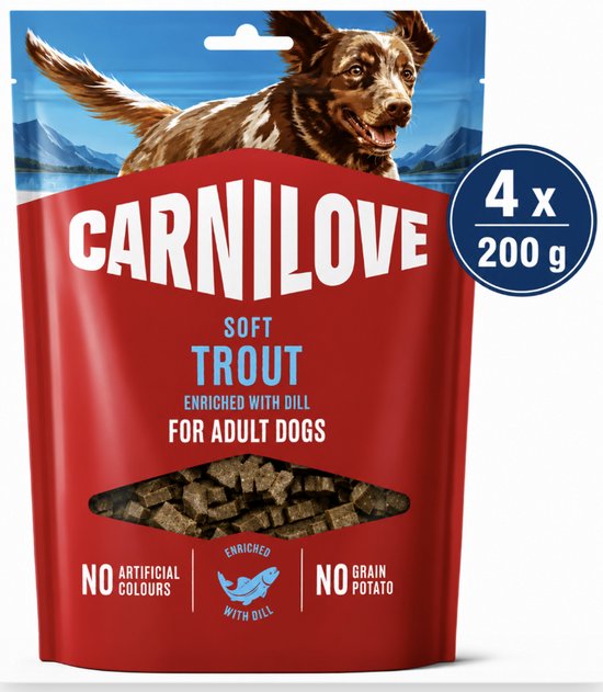 Rode verpakking met Carnilove Soft Trout met dille, 4x200g. Geen kunstmatige kleurstoffen, graan- of aardappelvrij.