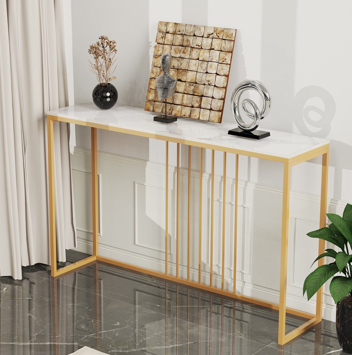 FATIVO Consoletafel marmerlook- Haltafel - Wandtafel - Metalen frame - wit & goud - 120 × 30 ×78,5 cm - Voor Hal, Woonkamer