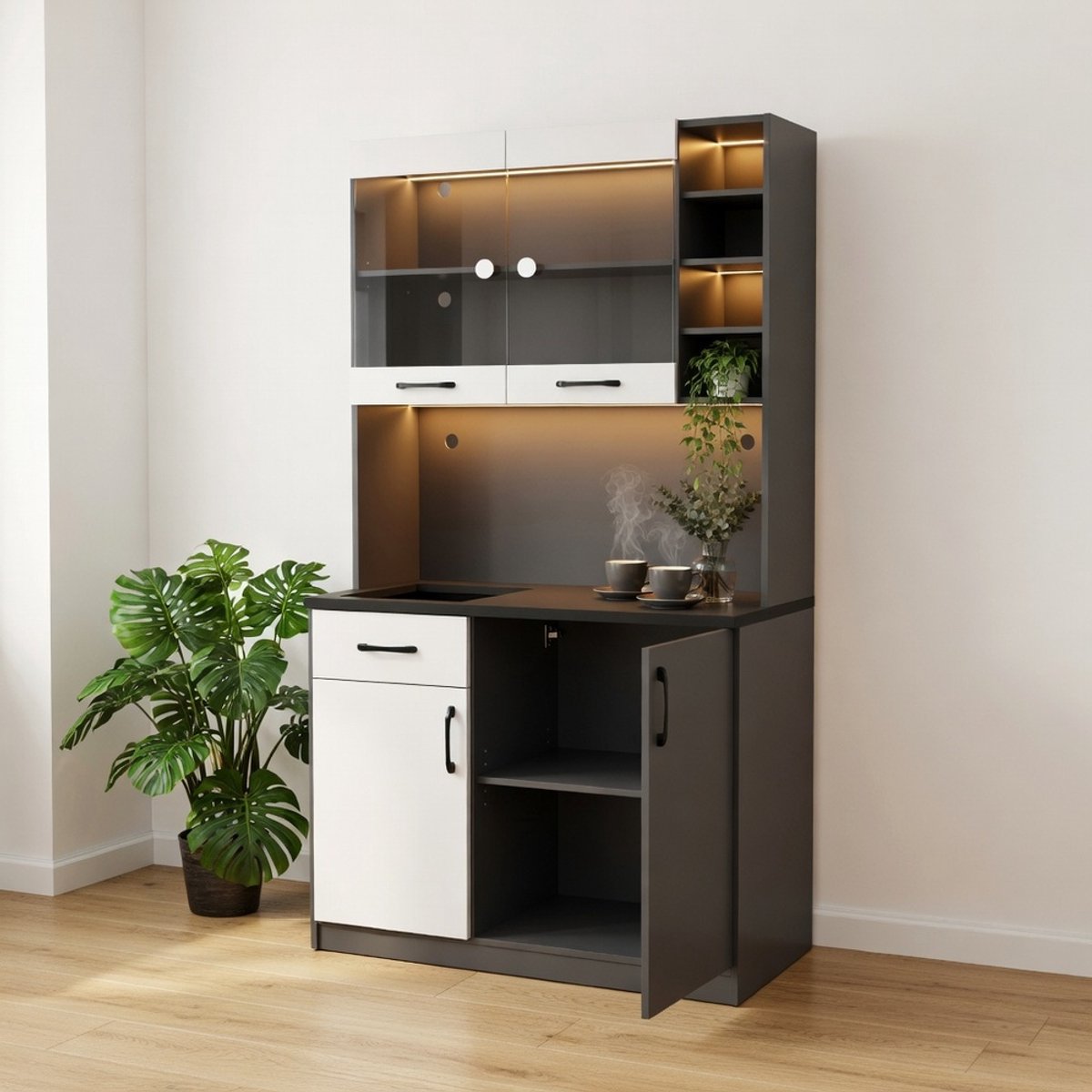 KOMHTOM - Keukenkast buffetkast - Sfeerverlichting - Kabeldoorvoeren - Ruimte voor magnetron - Verstelbare opbergvakken - Vrijstaand - 100x47x187 cm