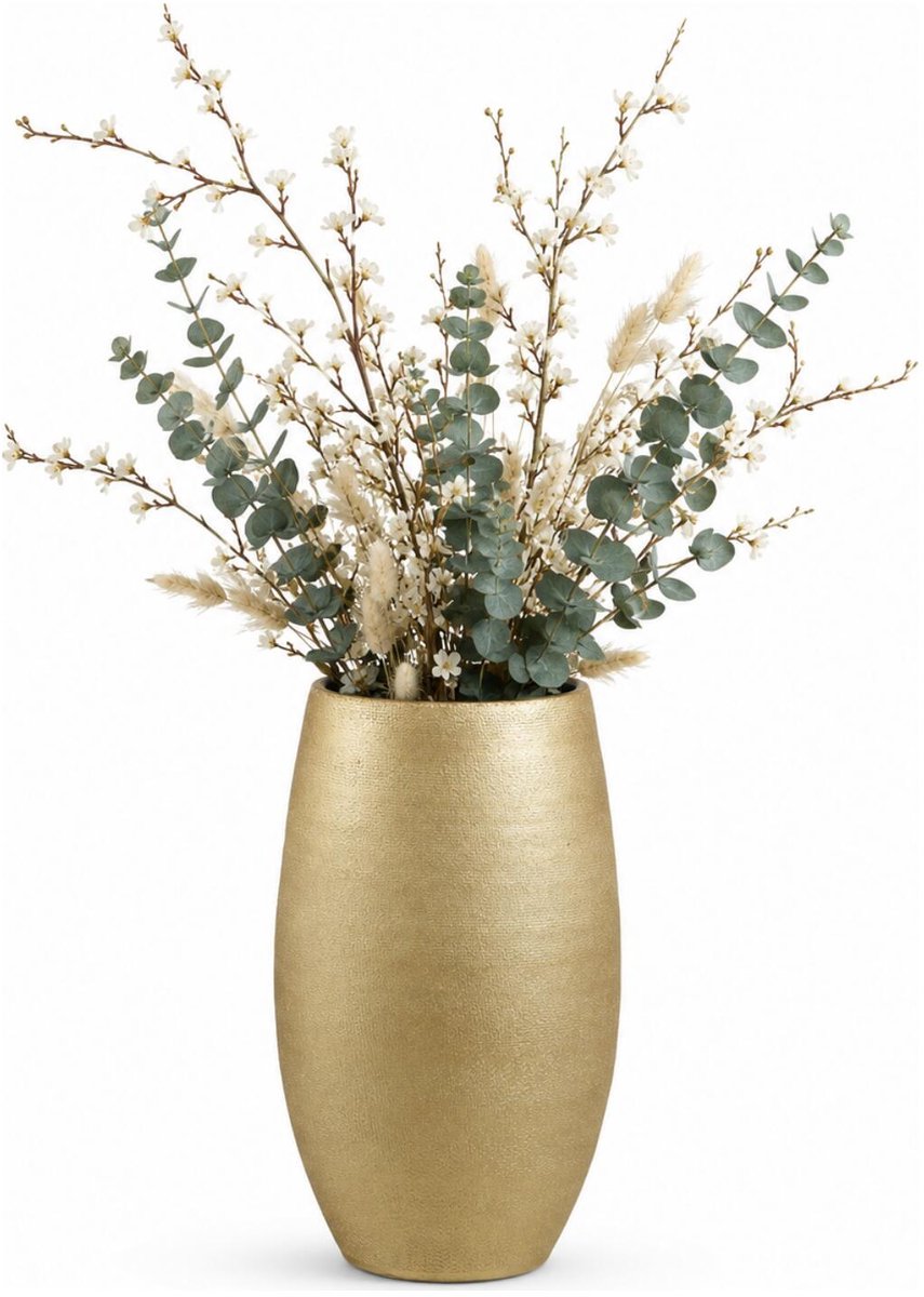 Mica Decorations hoge bloemenvaas - keramiek - goud glans / ribbels - D30 x H50 cm - vaas Porto