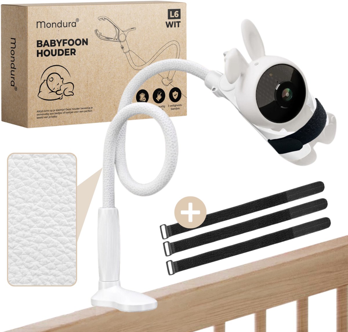 Mondura Lederen Babyfoon houder Universeel – Camera Houder – Babyfoonhouder – Wit – Incl. 3 Bandjes