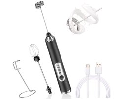 TOVBMUP Melkopschuimer - Melkopschuimer Electrisch - Elektrische eierklopper - Zwart - Dubbele kop + standaard 1