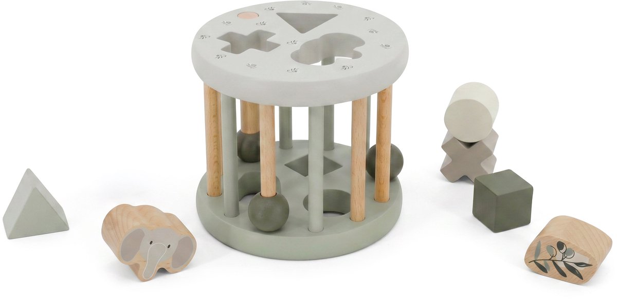 Label Label - Rollende Houten Vormenstoof - Olijfgroen /Naturel - FSC Hout - Inclusief 6 Vormpjes - Stimuleert Hand-Oog Coördinatie en Vormenherkenning - Geschikt voor Kindjes vanaf 12 Maanden