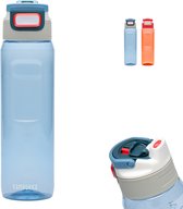 Bouteille Kambukka transparente bleu de 1L avec bouchon 3-en-1 gris, bleu et rouge.
