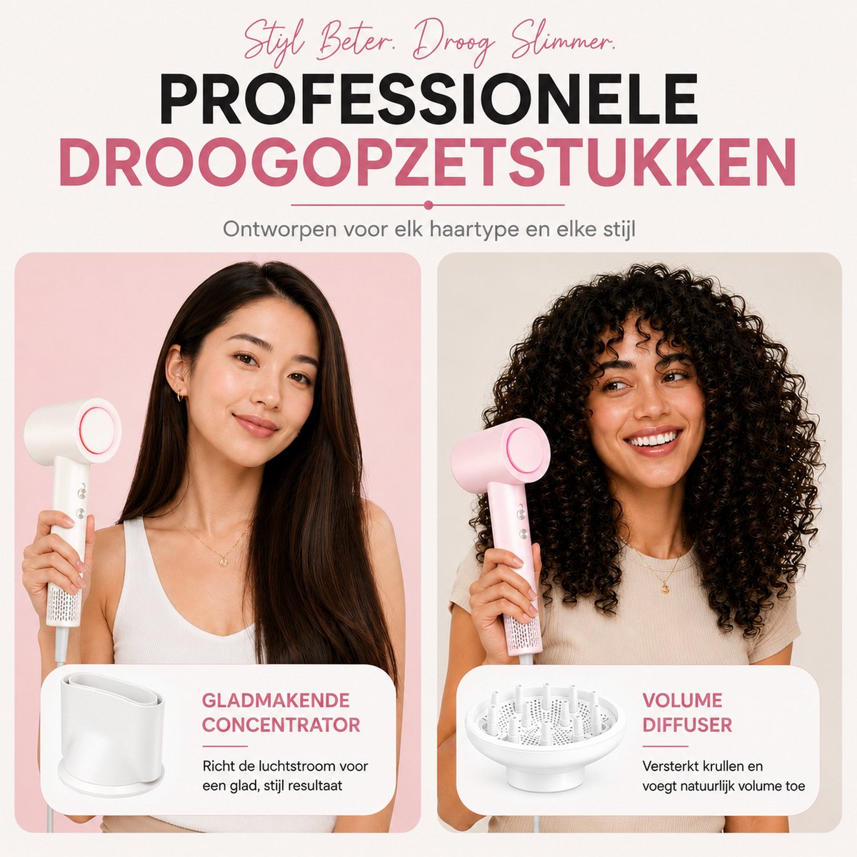 Luméor® Ionische Föhn F1.1 – Diffuser – Geluidsstil – 2 Opzetstukken – Roze