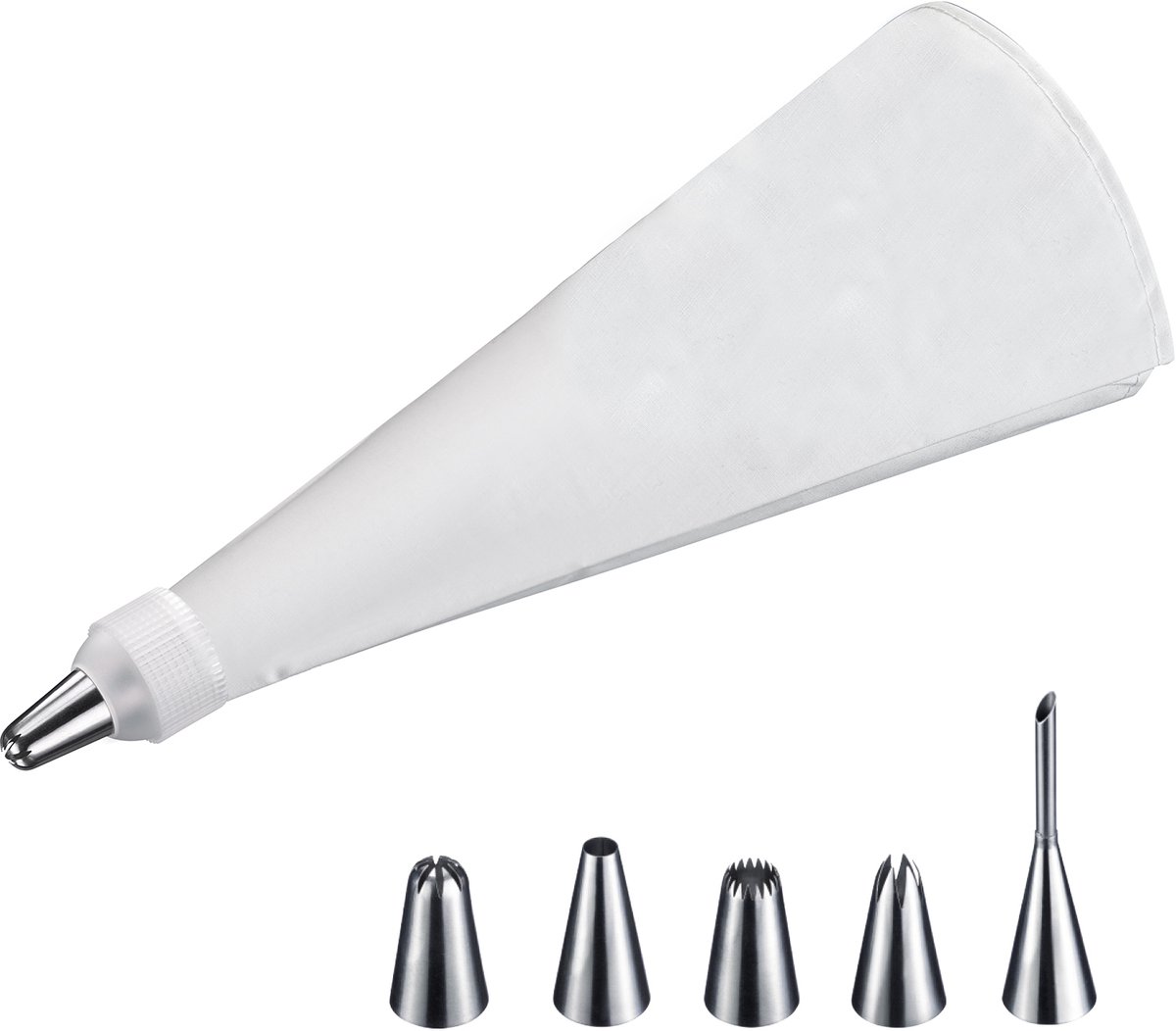 Westmark Decoratiespuit, garneerset met spuitzak, met tussenstuk en 5 spuitmonden, 7 stuks, lengte: ca. 40 cm, gecoat katoen/roestvrij staal, Maxi Steel, wit/zilver, 30992260