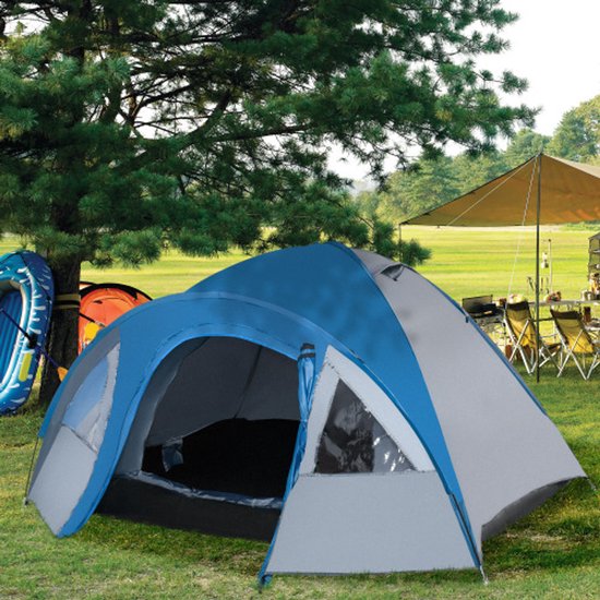 Dubbelwandig Koepeltent Iglu voor 4 personen, 4‑seizoenentent waterdicht met muskietennet en draagtas, blauw polyester — afbeelding 3