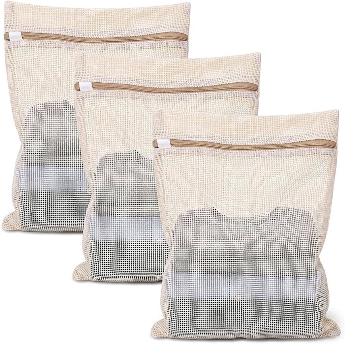 3 Stuks Katoenen Mesh Waszakken met Stevige Rits - 39x30 cm - Voor Delicaat Wasgoed
