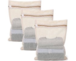 3 Stuks Katoenen Mesh Waszakken met Stevige Rits - 39x30 cm - Voor Delicaat Wasgoed