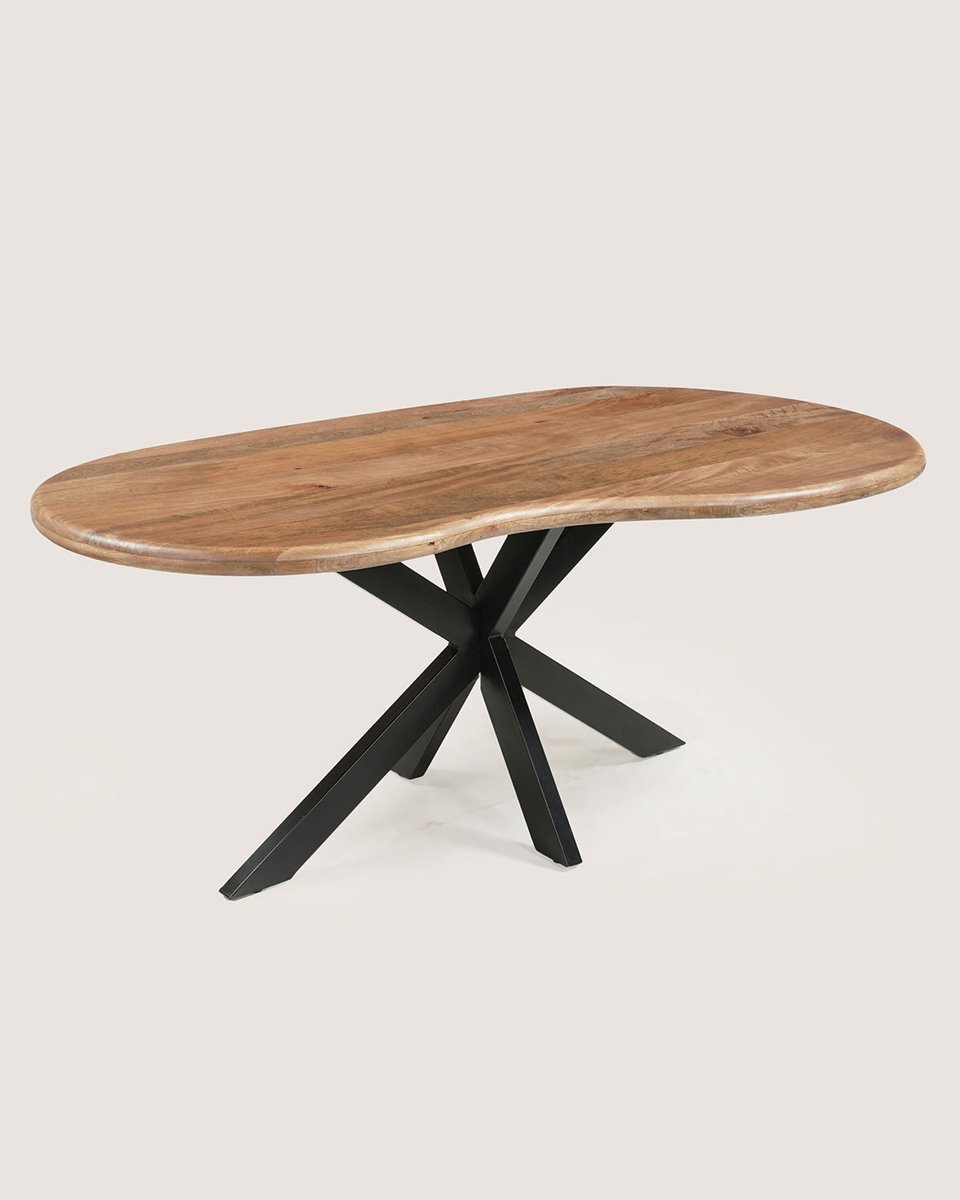 Organische Eettafel 220 cm Mangohout – Bruin – Zwart Metalen Matrix Onderstel – Modern Design – 6-7 Personen