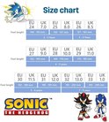 Maattabel voor Sonic The Hedgehog pantoffels met EU/UK maten en voetlengtes voor kinderen van 2-9 jaar.