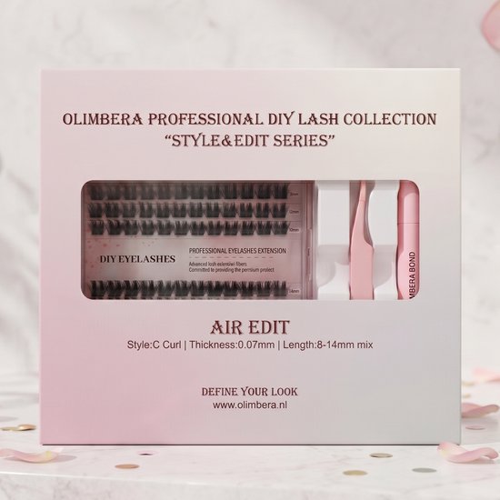 Verpakking van de 'Air Edit' collectie van Olimbera, met DIY wimperextensies, bond en applicator. Stijl: C Curl, Dikte: 0.07mm, Lengte: 8-14mm.