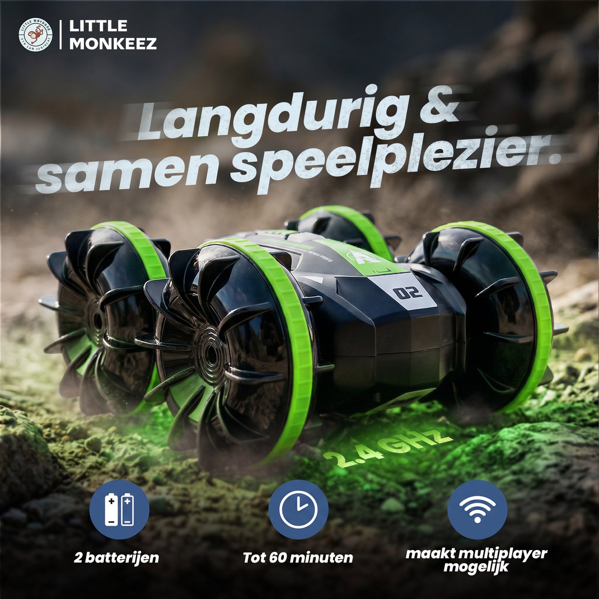 Little Monkeez RC Bestuurbare Auto - Groen - Afstandsbestuurbare Auto - Race Auto Radiografisch - Offroad Afstandbestuurbaar - Waterdicht - Extra Accu — afbeelding 4