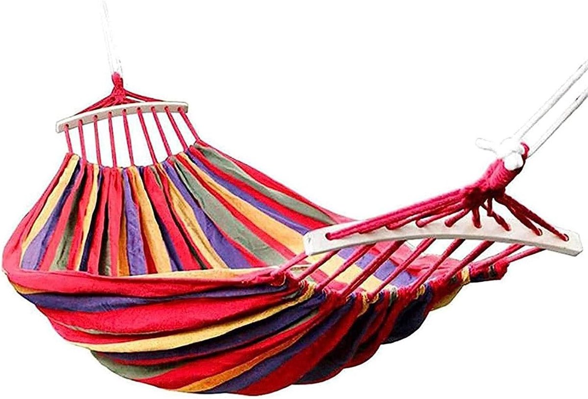 Kampeerhangmat Dubbel - Buiten relaxen - Ontspannen buiten - Met spreidstok - 100x190 cm - Regenboog