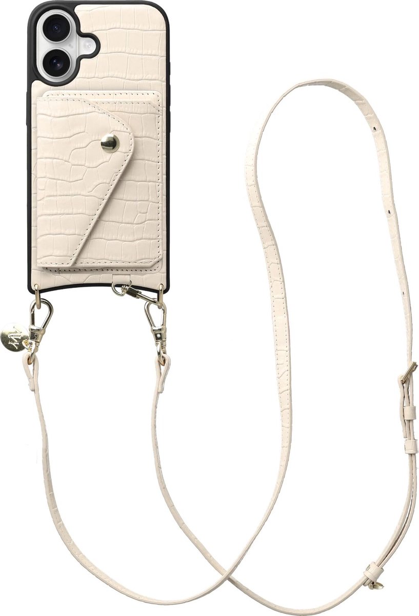 AVY Leren Hoesje geschikt voor Apple iPhone 17 | Met Koord en Kaarthouder | Compatibel met MagSafe | Leather Case met Crossbody Koord & Wallet | Long Leather | Croco Beige