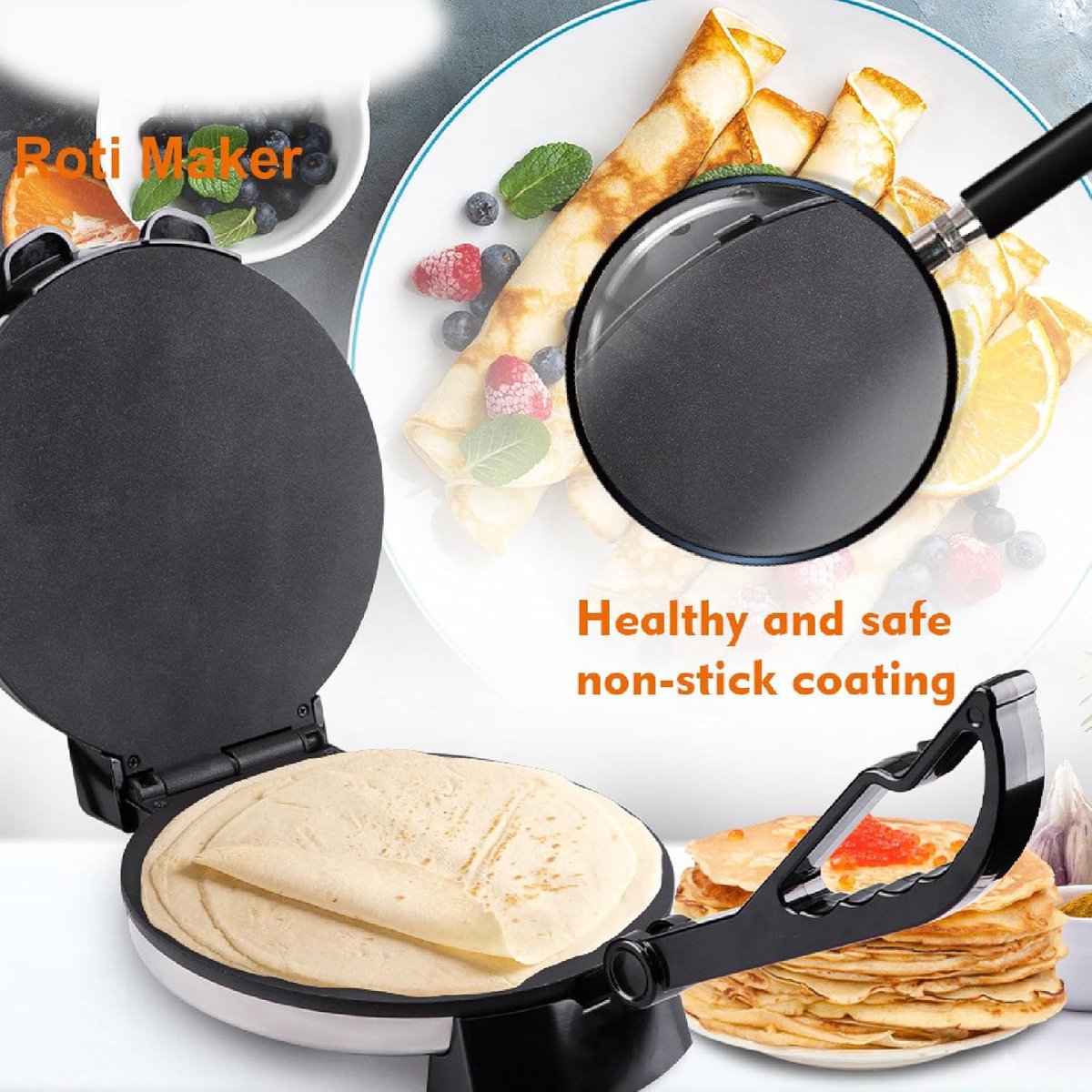 Elektrische Roti Maker - Platbrood Apparaat - Snelle Maaltijden Bereiden - Dubbelzijdig Verwarmend - 25.5x32x32cm - Zwart