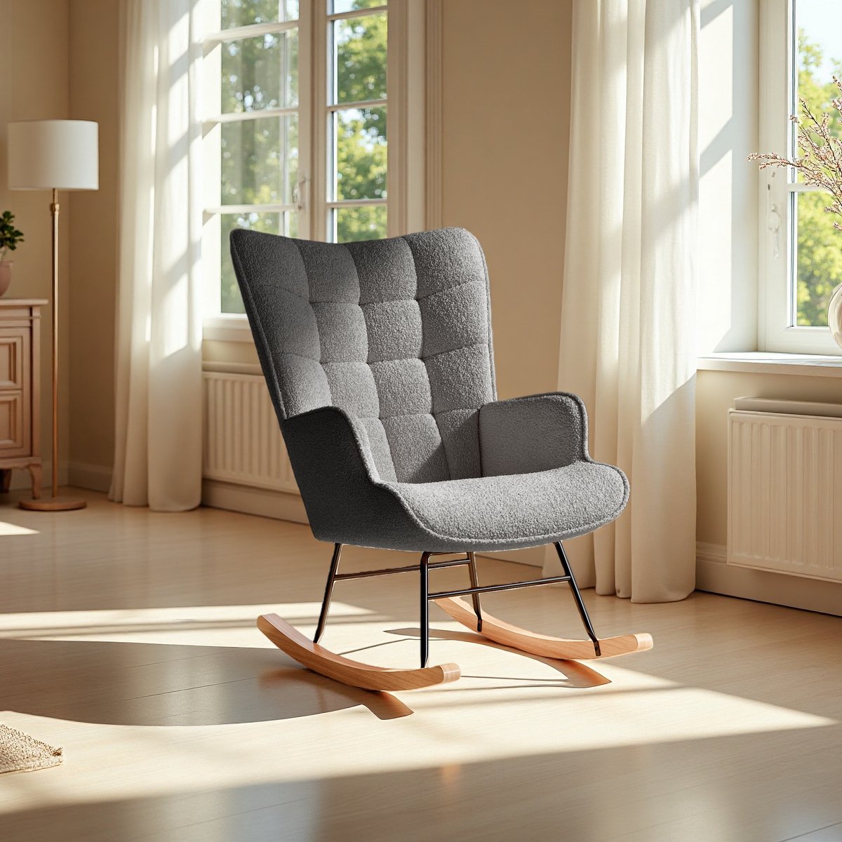 ROSAHQNDA Schommelstoel - Relaxstoel babykamer - Fauteuil met kussen- Schommelstoel met hoge rug - Massief houten en metalen frame - Donkergrijs
