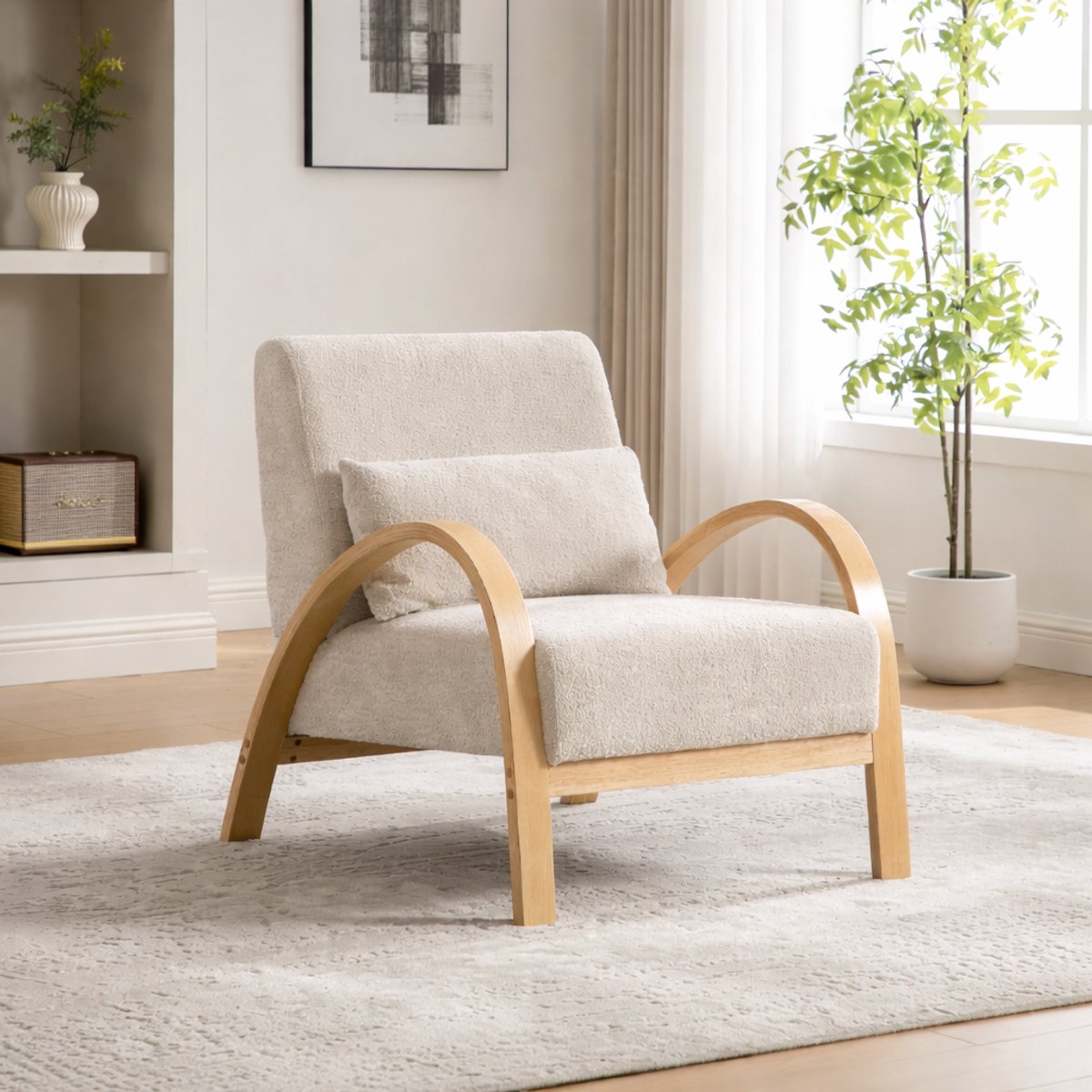Fauteuil - Comfortabele TV-stoel - Leesstoel - Chenillestof - Zacht zitkussen - Modern design - Geschikt voor de woonkamer, slaapkamer - Beige