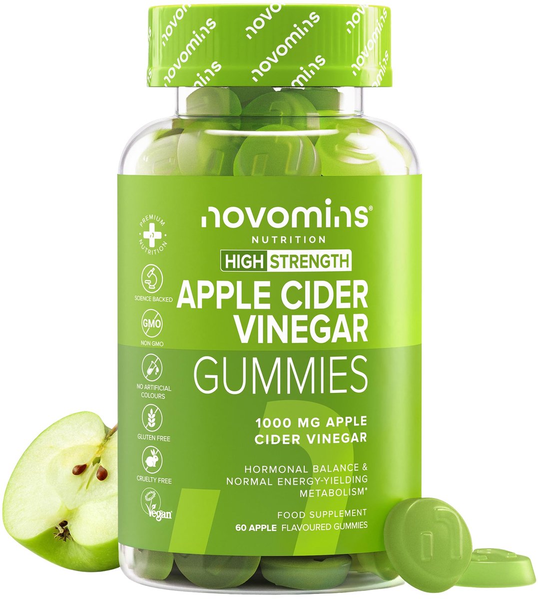 Appelciderazijn 1000 mg, met Vitamine B6 & B12, 60 Gummies, Vegan, Halal, Getest door Eurofins, Novomins