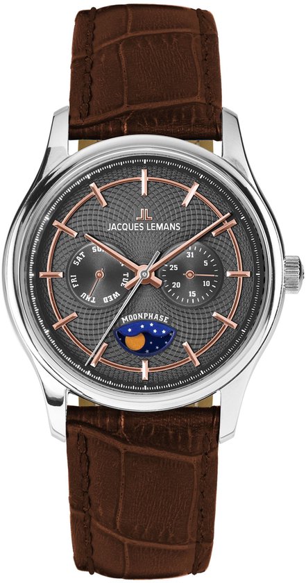 Zilverkleurig herenhorloge met een donkergrijze wijzerplaat, datum- en maanfasweergave, en een bruine crocoprint band.