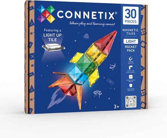 Verpakking van het Connetix Light Rocket Pack met een afbeelding van een veelkleurige, verlichte raket.