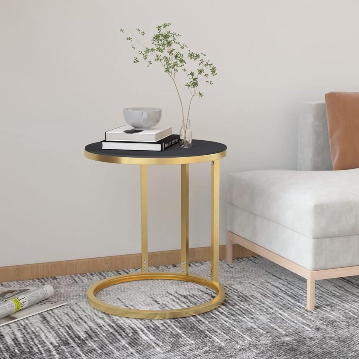 Bijzettafel Rond - Salontafel Woonkamer - Moderne Stijl - Gehard Glas - 45 x 58 cm - Goud Zwart
