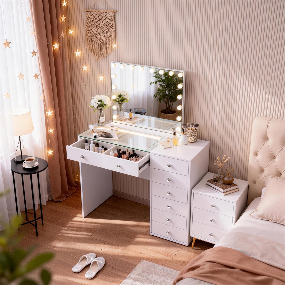 VANITII GLOBAL Make-up Tafel met spiegel 8 Lades Wit 120 x 55 x 139 cm