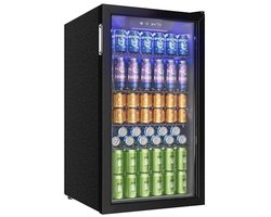 Norvia - Drankenkoelkast 90L - Glazen Deur - Voor 126 Blikjes - Verstelbare Planken - Zwart - Stille Werking - LED Verlichting