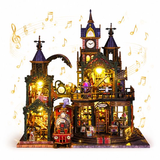 Meedeer Premium Miniatuur bouwpakket-Houten modelbouw-DIY-De combinatie van een kasteel en een stoomtrein-Poppenhuis-Met Muziek en LED verlichting-Poppenhuis-Verjaardagscadeau Kerstmis-Voor 14 jaar +
