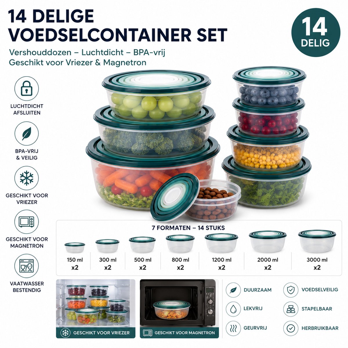 14-delige Voedselcontainer Set – Vershouddozen – Luchtdicht – BPA-vrij – Geschikt voor Vriezer & Magnetron
