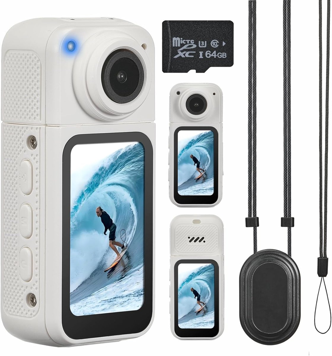 Mini bodycamera met 64 GB opslag, 1080p videorecorder in zakformaat met 180° draaibare lens, draagbare bodycam met scherm, geschikt voor buitenactiviteiten, fietsen, vloggen en reizen (wit)