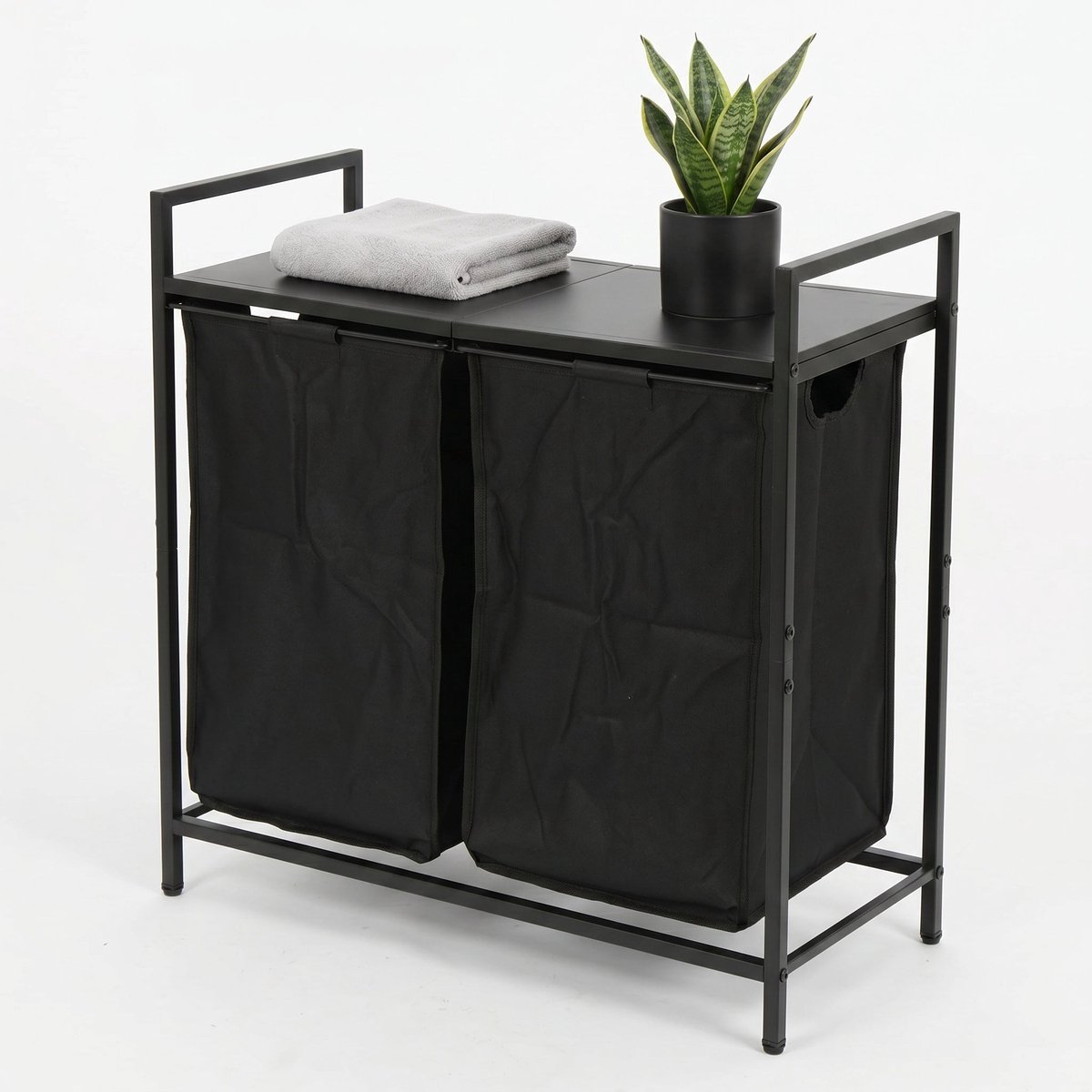 Lomera Wasmand met 2 Vakken - Wassorteerder - Dubbele Wasmand - Uitschuifbaar met Plank - Uitneembare Waszakken - Wasgoedsorteerder - Metalen Frame - Wasmand Kast - Laundry Basket - Wasmand Sorteerfunctie - Zwart