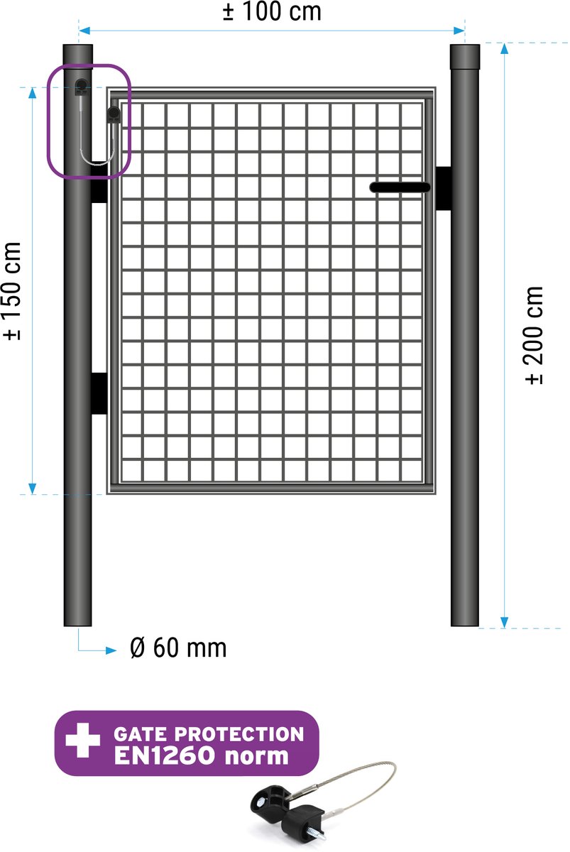 Enkele poort 150 cm (hoogte) 100cm (lengte) RAL 7016 antraciet