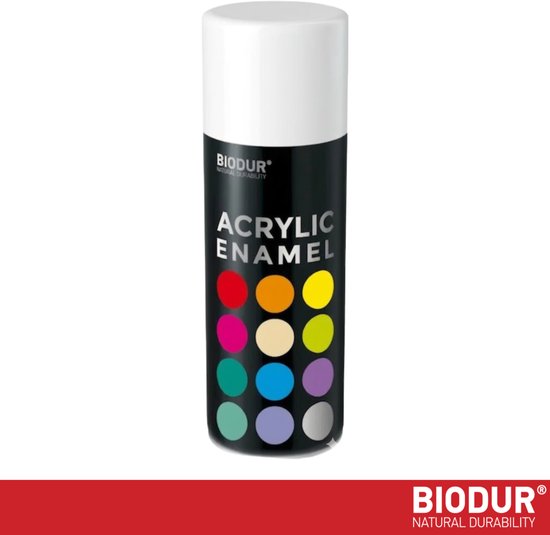 Spuitbus BIODUR Acrylverf met een witte dop en een label met kleurstalen.