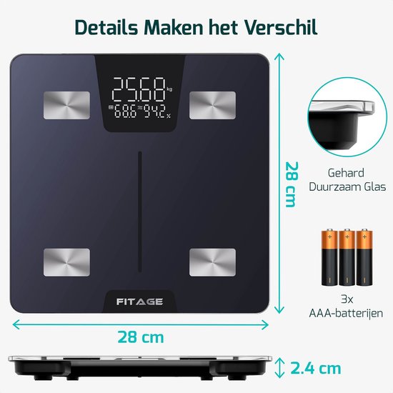 Zwarte FITAGE weegschaal, 28x28 cm, 2.4 cm dik, met een display en 4 sensoren. Inclusief 3 AAA-batterijen en demonstratie van gehard glas.