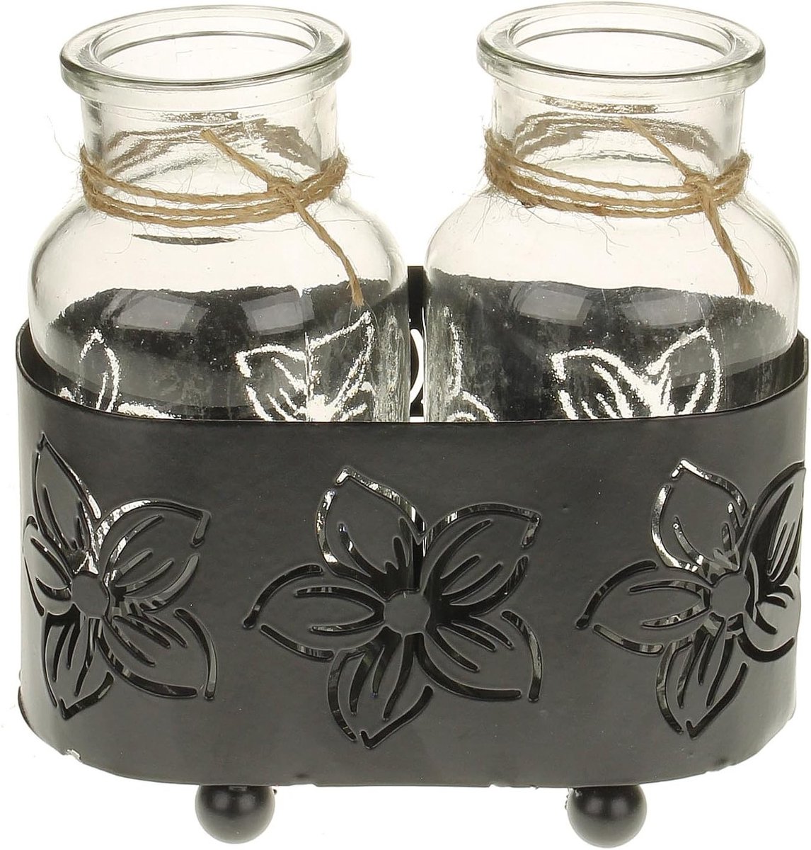 Set van 2 Glazen Vazen in Metalen Stand - Zwarte Decoratieve Vazen voor Tafel, Interieurdecoratie en Bloemstukken, Afmetingen 13.5 x 7.5 x 14 cm
