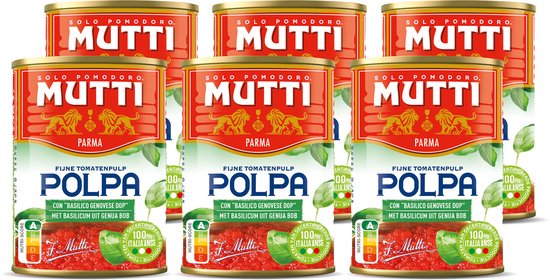 Zes blikken Mutti Polpa met basilicum, gedetailleerd met de leeuwen van Mutti en basilicum bladeren.