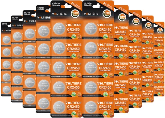 Grote hoeveelheid verpakte Voltière CR2450 lithium knoopcel batterijen, 580mAh, 0% kwik & cadmium.