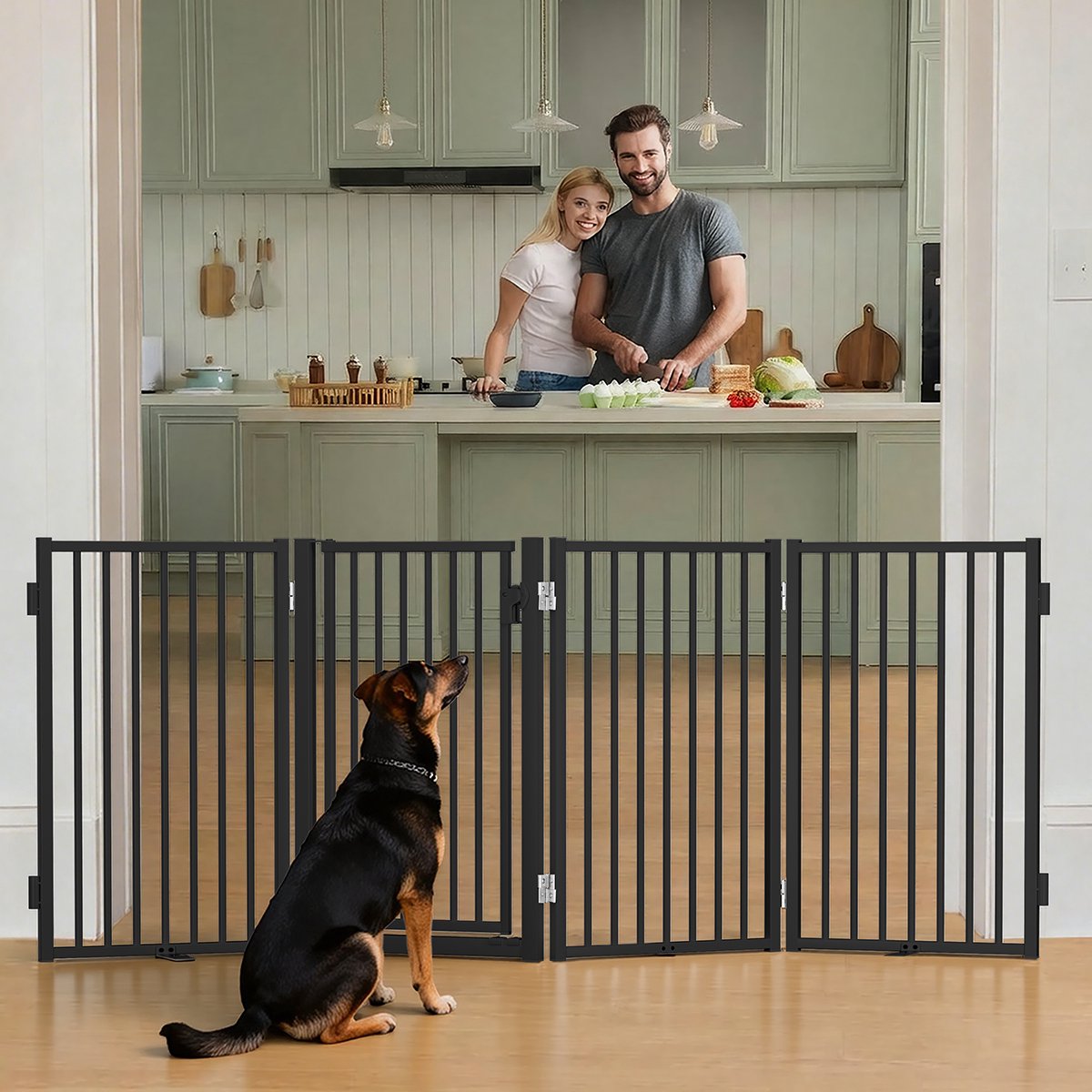 COMOMY Vrijstaand Metalen Hondenhek met Deur – Extra Breed 203 cm – 81 cm Hoog – 4 Panelen – Veiligheidshekje voor Honden Binnen & Buiten – Zwart